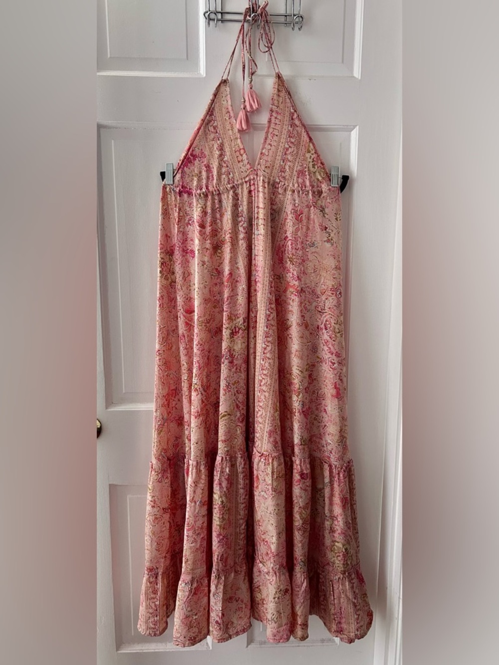 Silk Boho Dress Pink Paisley Halter Neck Luxurious Flowy Loose 100% Silk